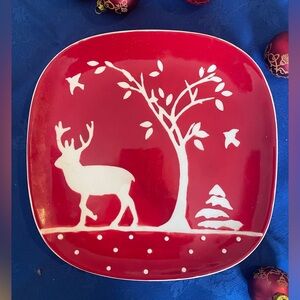 Red Ceramic Plate Holiday Seasonal Motif Design